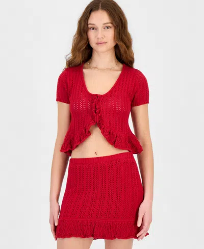 Ultra Flirt Juniors' Crochet Ruffled-trim Cardigan In Red