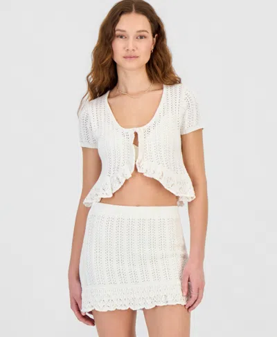 Ultra Flirt Juniors' Crochet Ruffled-trim Cardigan In White
