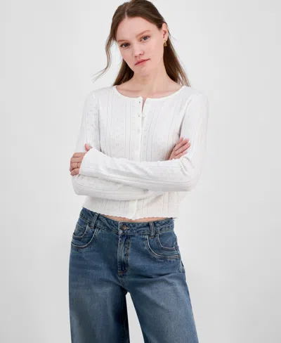 Ultra Flirt Juniors' Cropped Pointelle Cardigan In Gardenia