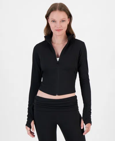 Ultra Flirt Juniors' Full-zip Fleece Lined Long Sleeve Top In Black