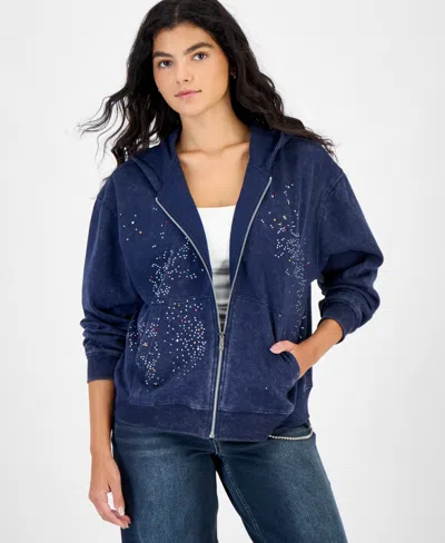 Ultra Flirt Juniors' Full-zip Rhinestone-embellished Fleece Hoodie In Blue