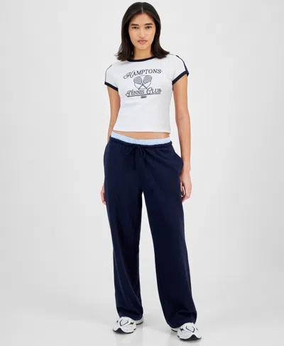 Ultra Flirt Juniors' High Rise Boxer-trim Wide-leg Sweatpants In White Hamptons