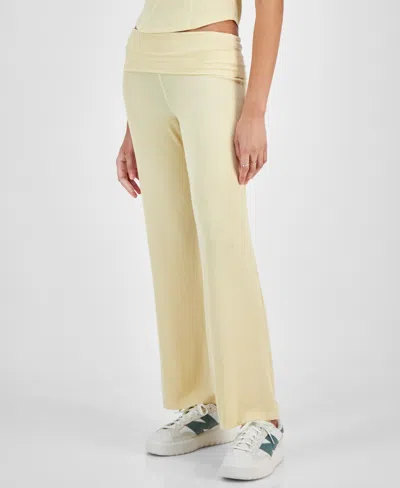Ultra Flirt Juniors' High Rise Foldover-waist Ribbed Knit Pants In Banana Crepe