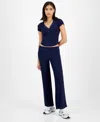 Ultra Flirt Juniors Ribbed Cropped Henley Top Flare Pants In Navy Blazer
