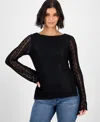 Ultra Flirt Juniors' Lace Boat-neck Long-sleeve Top In Black