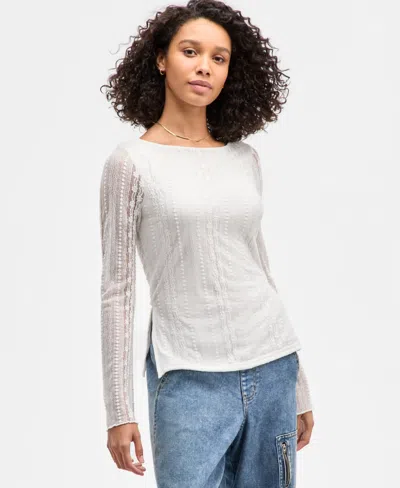 Ultra Flirt Juniors' Lace Boat-neck Long-sleeve Top In White