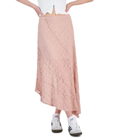 Ultra Flirt Juniors' Lace Pull-on Asymmetric Midi Skirt In Pale Mauve