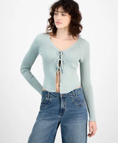 Ultra Flirt Juniors' Long-sleeve Tie-front Cardigan In Aqua Grey