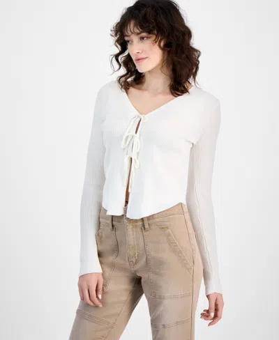 Ultra Flirt Juniors' Long-sleeve Tie-front Cardigan In Gardenia