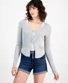 Ultra Flirt Juniors' Long-sleeve Tie-front Cardigan In Light Grey Heather