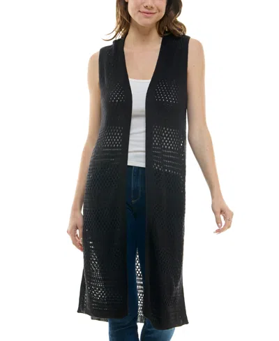 Ultra Flirt Juniors' Open-knit Pointelle Duster Sweater Vest In Black