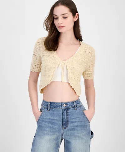 Ultra Flirt Juniors' Pointelle-knit Tie-front Cardigan In Beached Sand