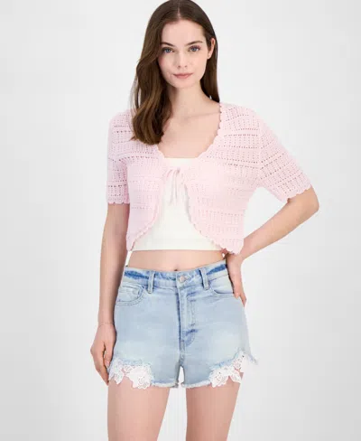 Ultra Flirt Juniors' Pointelle-knit Tie-front Cardigan In Tender Touch
