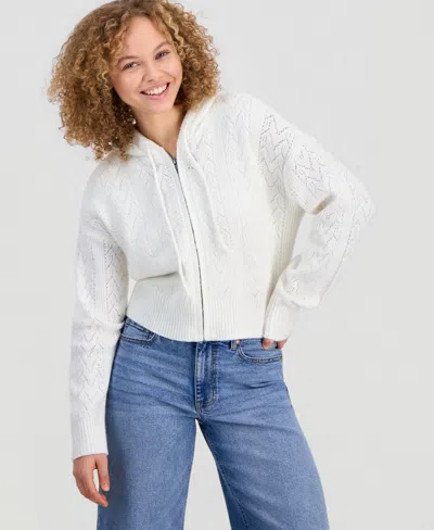 Ultra Flirt Juniors' Pointelle Sweater Hoodie In White