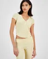 Ultra Flirt Juniors' Ribbed Cropped Henley Short Sleeve In Banana Crepe