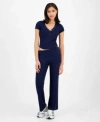 Ultra Flirt Juniors Ribbed Cropped Henley Top Flare Pants In Banana Crepe