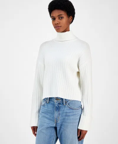 Ultra Flirt Juniors' Ribbed Cuffed Sleeve Turtleneck Sweater In Gardenia
