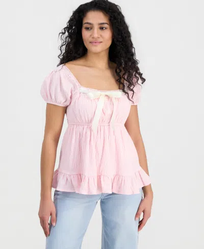 Ultra Flirt Juniors' Ribbon-trim Puff-sleeve Peasant Top In Pink