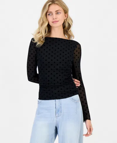 Ultra Flirt Juniors' Ruched Flocked Long-sleeve Top In Black