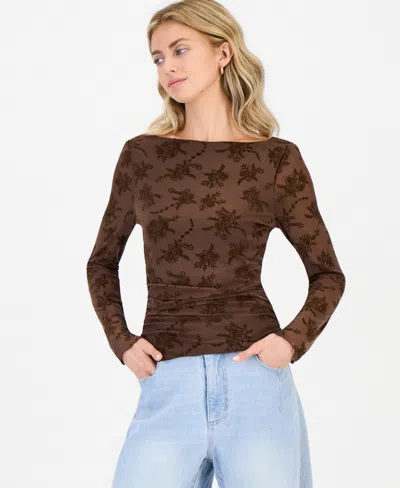 Ultra Flirt Juniors' Ruched Flocked Long-sleeve Top In Brown