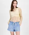 Ultra Flirt Juniors' Shimmer Open-knit Sweater In Shimmer Beached Sand
