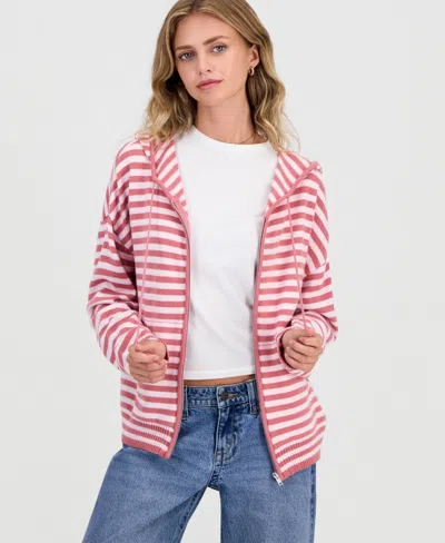 Ultra Flirt Juniors' Striped Full-zip Hoodie Sweater In Dusty Rose Stripe