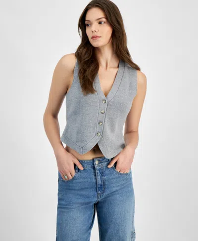 Ultra Flirt Juniors' V-neck Button-front Sweater Vest In Heather Grey