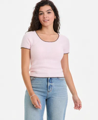 Ultra Flirt Juniors' Waffle-knit Short-sleeve Sweater In Pink