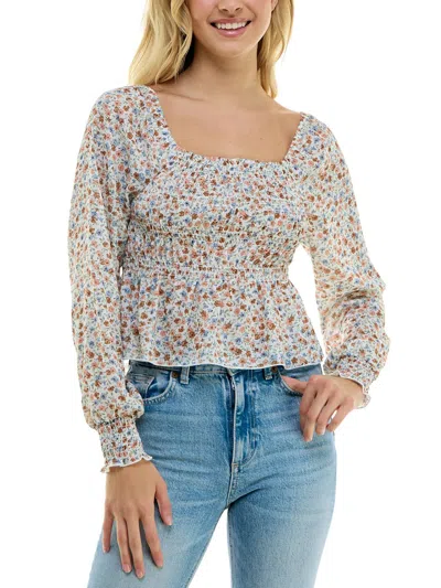 Ultra Flirt Juniors Womens Floral Ruffled Off The Shoulder In White