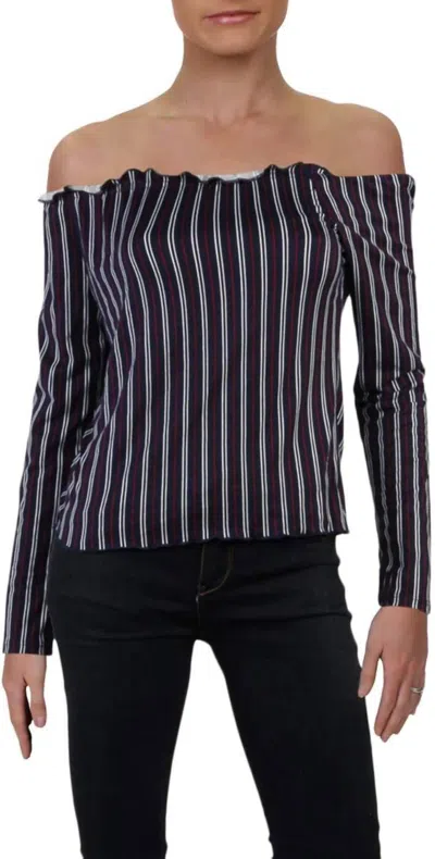 Ultra Flirt Striped Off Shoulder Top In Navy/burgundy In Multi