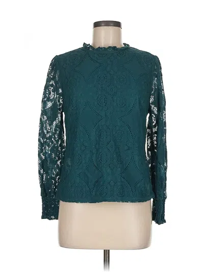 Pre-owned Ultra Pink Long Sleeve Top Teal Floral Pattern Mock Neckline Tops In Blue