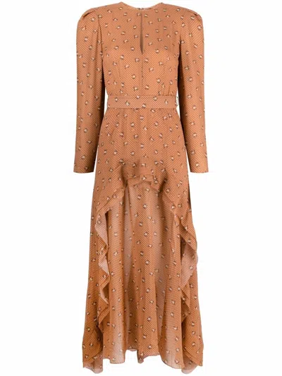 Ulyana Sergeenko Graphic-print Silk Ruffled Dress In Brown