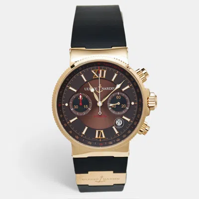 Pre-owned Ulysse Nardin Brown 18k Rose Gold Rubber Maxi Marine 356-66 Men's Wristwatch 41 Mm