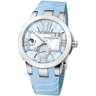 Ulysse Nardin Executive Dual Time Blue Mother Of Pearl Diamond Dial Blue Rubber Ladies Watch 243-10-