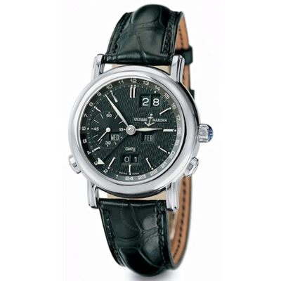 Ulysse Nardin Gmt Perpetual Black Dial 18kt White Gold Black Leather Men's Watch 320-22-92 In Green