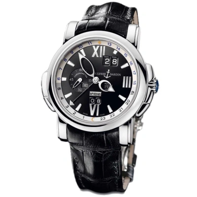 Ulysse Nardin Gmt Perpetual Black Dial 18kt White Gold Black Leather Men's Watch 320-60-32 In Black / Gold / Skeleton / White