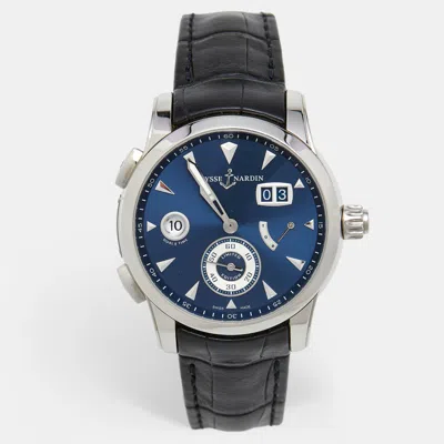 Pre-owned Ulysse Nardin Navy Blue Stainless Steel Alligator Leather Dual Time 3243-132le/bq Men's Wristwatch 42 Mm