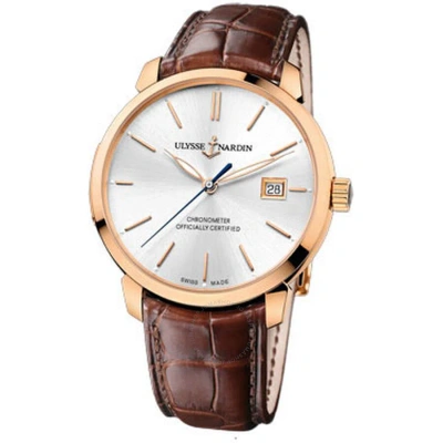 Ulysse Nardin San Marco Classico Silver Dial 18kt Rose Gold Brown Leather Men's Watch 8156-111-2-90