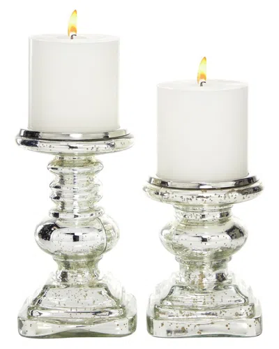 Uma Enterprises Set Of 2 Glass Handmade Turned Pillar Candle Holders In Silver