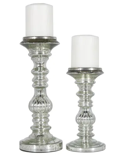 Uma Enterprises Set Of 2 Handmade Turned Pillar Candle Holders In Gray