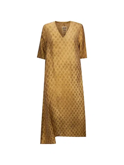 Uma Wang Apostle V-neck Patterned Midi Dress In Brown