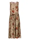 Uma Wang Midi Dress With Floral Print And Gathered Waist In Multi