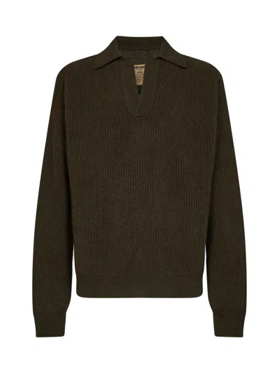 Uma Wang Army Green Ribbed Cashmere Knit Long-sleeved Polo Shirt