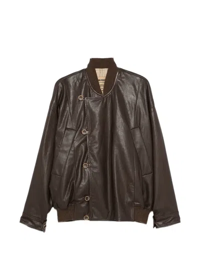 Uma Wang Asymmetric Leather Jacket In Brown