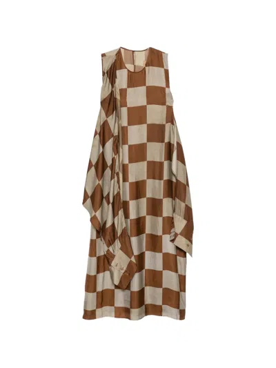 Uma Wang Azzo Check-pattern Draped Midi Dress In Brown