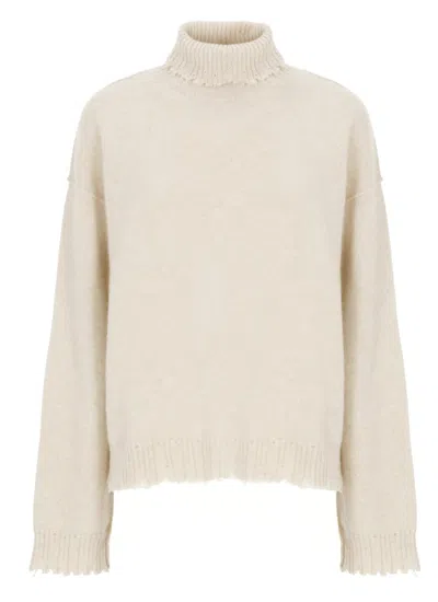 UMA WANG BEIGE HIGH NECK CASHMERE SWEATER WITH DISTRESSED HEM