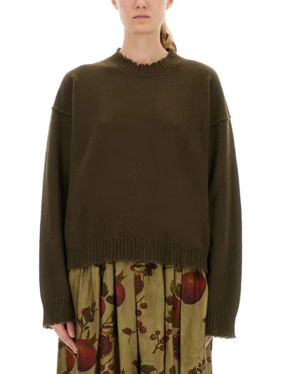 Uma Wang Green Cashmere Sweater With Distressed Details