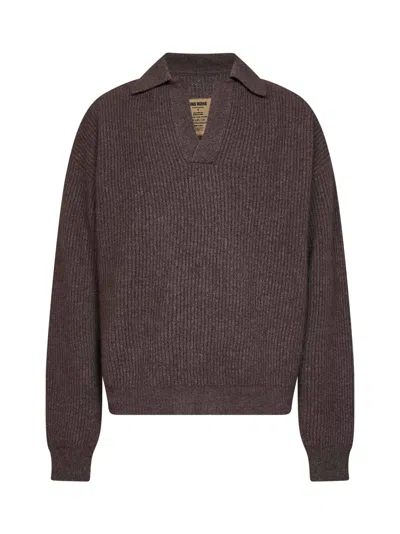 Uma Wang Brown Ribbed Cashmere Knit Long-sleeved Polo Shirt