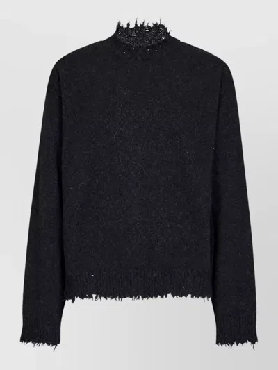 Uma Wang Cashmere Distressed Ribbed Crew Neck Long-sleeve Sweater In Black
