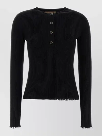 Uma Wang Cashmere Henley Sweater Button Detail Frayed In Black